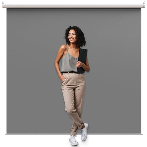 【Wider Style】 KHOMO Gear Grey Screen 84 x 84 inch – Extra Large Pull Down Backdrop – Portable Collapsible Roll Down Projector Screen – Gray Screen for Video, Streaming, and Photography - color: Grey - White Metal Frame