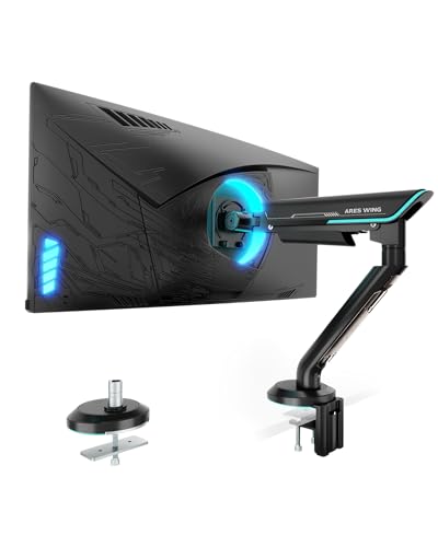 ARES WING Single Monitor Mount, Heavy-Duty Gaming Monitor Arm fits for 24"-57" Ultrawide Screen, Adjustable Computer Monitor Stand Holds Up to 60LBS with VESA Mount, Clamp & Grommet, Black - color: BLACK, style: Non-RGB