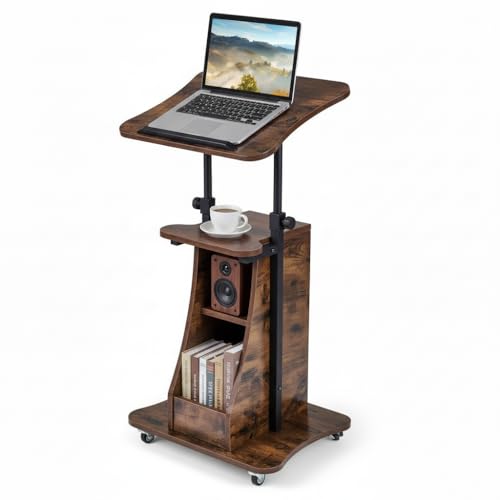 Tangkula Mobile Lectern Podium, Height Adjustable Podium Stand, Sit-to-Stand Desk with Tilting Tabletop & Storage Shelves, Rolling Laptop Cart Desk with Lockable Casters for Home Office School - color: Rustic Brown, size: 20" x 16" x 44"