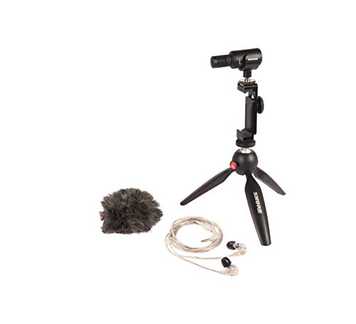 Shure Portable Videography Kit - Professional Recording Rig with MV88+ iPhone Mic, Manfrotto PIXI Tripod, Phone Clamp, Mount, AMV88-Fur Windjammer and SE215 PRO Sound Isolating Earbuds (MV88+SE215-CL) - style: MV88+ Videography Bundle