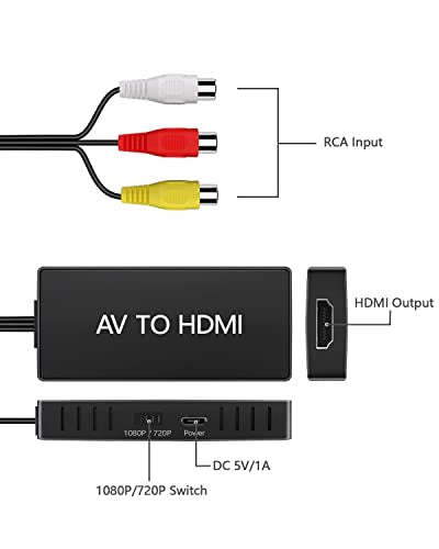 VIXLW AV to HDMI Converter, RCA to HDMI Adapter, 720P/1080P RCA Composite CVBS Adapter Support PAL/NTSC for PC, Laptop, TV, WII, Xbox, PS2, PS3, STB, VHS, VCR, Blue-Ray DVD Players - color: black