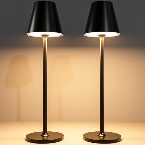 Timjorman 2-Pack Cordless Table Lamps - 5000mAh Rechargeable Battery Operated Desk Lamp, 3-Level Dimmable LED Night Light for Bedroom, Dining, Restaurant - Metal Design (Black 2-Pack) - color: Black 2pack