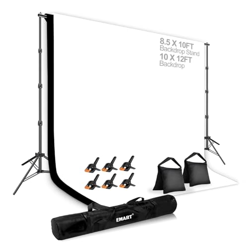 EMART 8.5 x 10ft Background Support System,Professional Photo Backdrop Stand kit with 10 x 12 ft Polyester Backdrop (White,Black),Clamp,Carry Bag for Parties,Photography,Decoration, Video Shooting - color: 10x12ft Backdrop*2(black/white), size: 8.5 x 10ft