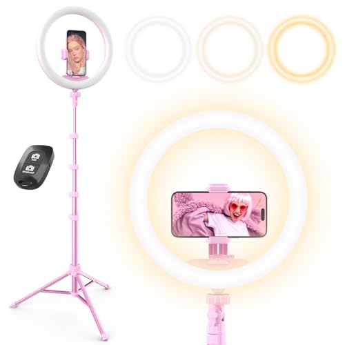 UBeesize 12” Selfie Ring Light with 62” Extendable Tripod Stand & Remote, LED Light with Phone Holder for Video Recording/Makeup/Content Creator (YouTube/TikTok/Twitch), Phone, Camera & Webcam (Pink) - color: Pink, size: 12"