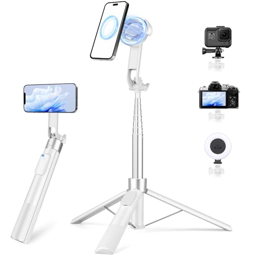 70" Magnetic Tripod for iPhone Magsafe, Extendable Selfie Stick Tripod with Rechargeable Remote & Magnetic Holder, 360° Rotatable Cell Phone Tripods Stand for Video Recording & Content Creation - color: White, size: 70 inch