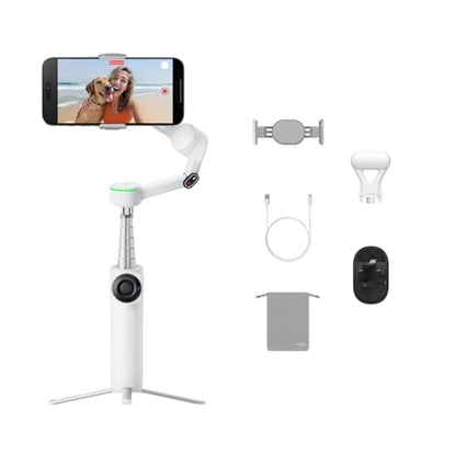 Insta360 Flow 2 Pro Vlog Bundle White - Foldable AI Phone Gimbal, Track in 200+ Apps with Apple DockKit, 360º Pan Tracking, Built-in Tripod/Selfie Stick, Remote Control, Spotlight/Backpack Mount - color: Summit White - Vlog Bundle