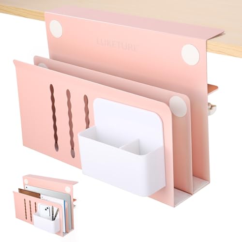 LUKETURE Desk Side Storage, 2 Tie Laptop Holder No Drill Clamp On Organizer | Sturdy Steel Double Tier Strong, Magnetic Pen Holder, No Drill Clamp for Standing Desk Organizer, Fits 0.3-2.8" - color: Pink, size: L(2 Tier)