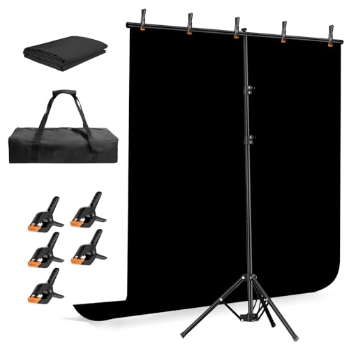 EMART Black Photo Backdrop with Stand Kit 6.5x5ft, Photography Black Background Screen with Portable T-Shape Support and 5 Clamps for Video Recording, Meetings, Self Tape - size: 6.5x5ft