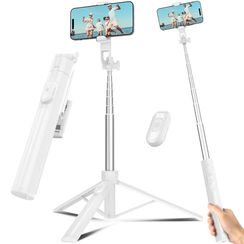 Selfie Stick Travel Tripod for Cell Phone with Remote Control and Phone Holder, Extendable Selfie Stick for iPhone, iPhone Tripod for Video Recording, 63 Inch, White - color: White, size: 63 Inch