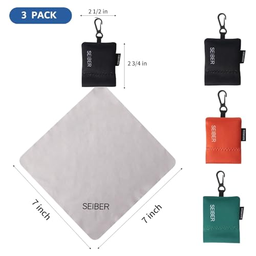 SEIBER Microfiber Eyeglass Cleaning Cloths with Pouch,3P, BK OR GRN | 7x7 Cloth For Glasses, Camera Lenses, Laptop Screens, Self-Closing Bottom - color: BLACK,ORANGE,DARK GREEN