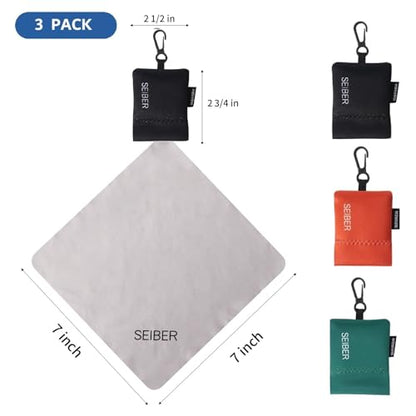 SEIBER Microfiber Eyeglass Cleaning Cloths with Pouch,3P, BK OR GRN | 7x7 Cloth For Glasses, Camera Lenses, Laptop Screens, Self-Closing Bottom - color: BLACK,ORANGE,DARK GREEN