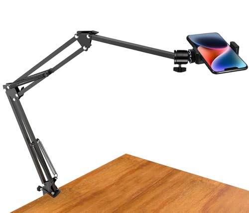 Overhead Tripod Mount for Camera Webcam Ring Light, Long Over Head Articulating Arm with Phone Holder and Ball Head, Desktop Lazy Arm Clamp Phone Stand Accessory for Live Streaming,Video Recording