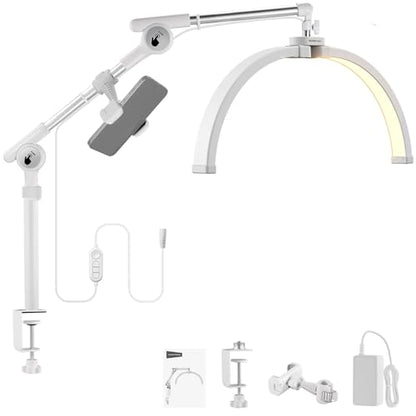 NEEWER Basics 22" Half Moon Lash Light with Articulating Desk Clamp Mount Stand/Phone Holder, 32W Foldable LED Nail Tech Table Arc Lamp for Makeup Beauty Tattoo Overhead Video Recording, HM03-D