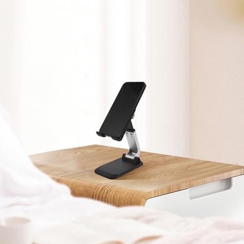 SHERCHPRY Aluminum Alloy Desktop Phone Holder Stand for Office and Home, Foldable Tablet and Cell Phone Desk Stand, Heavy Duty Stable Base in Black for Live Streaming and Video Calls