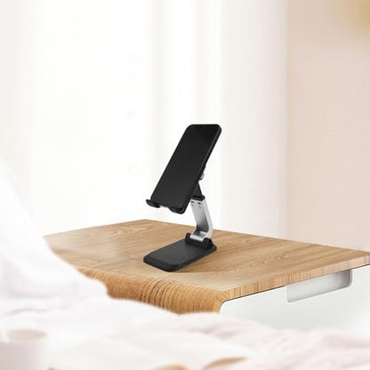 SHERCHPRY Aluminum Alloy Desktop Phone Holder Stand for Office and Home, Foldable Tablet and Cell Phone Desk Stand, Heavy Duty Stable Base in Black for Live Streaming and Video Calls