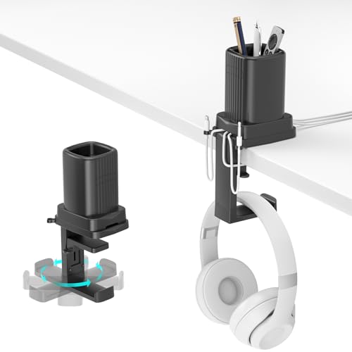 KDD Rotatable Headphone Holder with Cord Organizer - 3 in 1 Desk Clamp Pencil Holder & Headset Hanger - Pen Organizer for Office Accessories Charging Cables