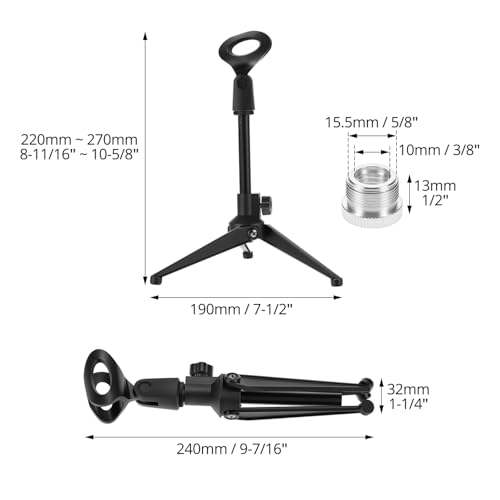 QWORK Desk Mic Stand, Foldable Desktop Microphone Tripod Stand, with 5/8" Male to 3/8" Female Adapter, for Dynamic & Condenser Mics