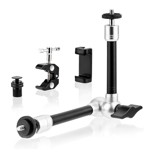 BRDRC Magic Arm Clamp Mount, 9.8" Articulating Extension Arm with 1/4" and 3/8" Thread, with Cold Hot Shoe Adapter, Phone Holder for Tripod DSLR Camera Cage LCD Monitor LED Light Accessories