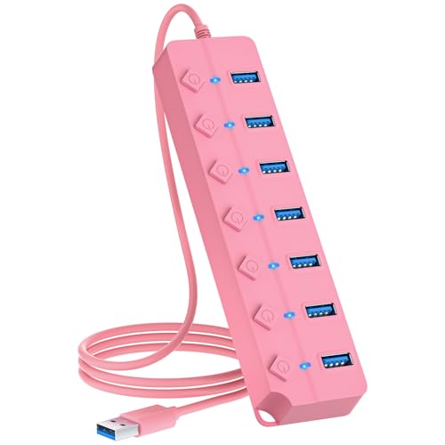 USB Hub 7 Port, USB Splitter with Individual On/Off Switches and Lights | USB 3.0 Hub with 3.3ft Cable, Extender for A Port Laptop, PC, Desktop-Pink - color: Pink