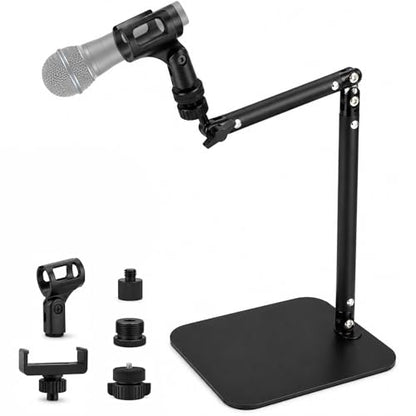 Desktop Microphone Stand with Weighted Steel Base, Adjustable Studio Mic Stand and Mic Arm for Desk, No-Clamp Tabletop Stand with 3/8", 5/8", 1/4" Adapters and Phone Holder