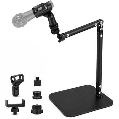 Desktop Microphone Stand with Weighted Steel Base, Adjustable Studio Mic Stand and Mic Arm for Desk, No-Clamp Tabletop Stand with 3/8", 5/8", 1/4" Adapters and Phone Holder