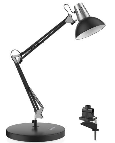 LEPOWER Metal Desk Lamp, Adjustable Goose Neck Architect Table Lamp with On/Off Switch, Swing Arm Desk Lamp with Clamp, Eye-Caring Reading Lamp for Bedroom, Study Room &Office (Black) - color: Black