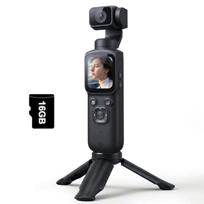 4K Vlogging Camera with 330° Rotating Lens & Face Tracking, Portable Pocket Digital Camera for YouTube TikTok with WiFi, Includes 16GB Card, Tripod & Carrying Bag,Black - color: Black