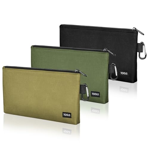 3 Pack Premium Tool Pouches Zipper Bag, Small Tools Bags with Carabiner, Heavy Duty Flat Bottom Utility Multipurpose Storage Organizer Bag for Tool, Stationary, Pencil - color: Multicolored, size: 10"