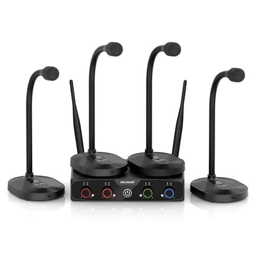 MELONARE 4-Channel Wireless Conference Microphone System, UHF Compact Cordless Mic Set w/ 4x10 Frequencies, 200ft Range, 4 Gooseneck Mics for Lecture, Church, Conference, Public Speaking (MWM-41-4G) - size: 4 Gooseneck Mics