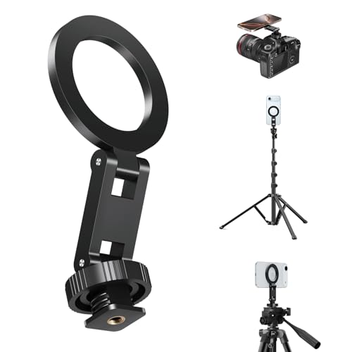 elitehood Magsafe Tripod Mount Adapter with 1/4” Screw & Hot Shoe, Lightweight Compact Cell Phone Tripod Mount for Camera, iPhone Camera Holder with Dual Hinges for iPhone 17 16 15 14 13 Series - size: 2.5 inches arm with Cold Shoe Base