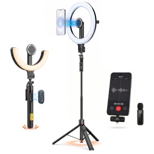 Ring Light with Stand and Wireless Microphone, 10" Magnetic Selfie Light 5000mAh Rechargeable 3000K-6500K, 71" Tripod with Extra Phone Holder, All-in-One Content Creator Kit for Live Stream Vlog