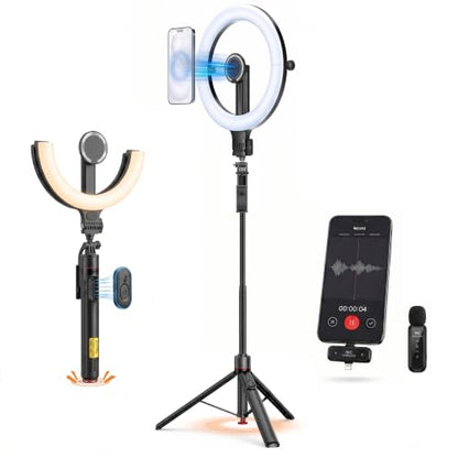 Ring Light with Stand and Wireless Microphone, 10" Magnetic Selfie Light 5000mAh Rechargeable 3000K-6500K, 71" Tripod with Extra Phone Holder, All-in-One Content Creator Kit for Live Stream Vlog