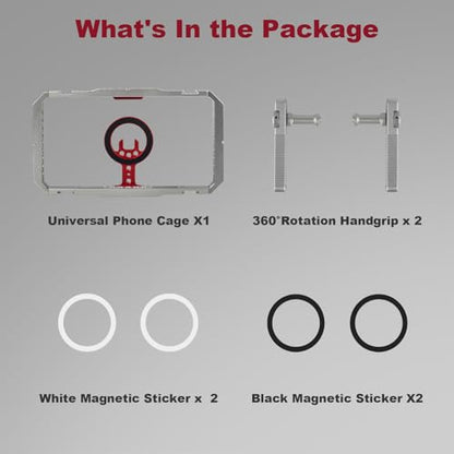 Magnetic Phone Cage with Handle,Smartphone Cage Kit with 360° Rotation Handgrip and Magnetic Sticker for Photography,Compatible with iPhone 17/16/15/14/13 Series and Andriod Phones (Silver+Red) - color: silver