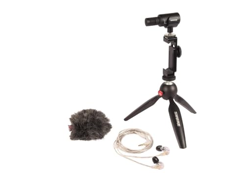 Shure Portable Videography Kit - Professional Recording Rig with MV88+ iPhone Mic, Manfrotto PIXI Tripod, Phone Clamp, Mount, AMV88-Fur Windjammer and SE215 PRO Sound Isolating Earbuds (MV88+SE215-CL) - style: MV88+ Videography Bundle