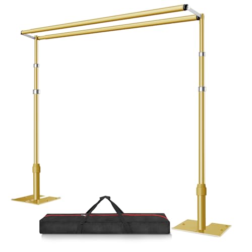 8.5x10ft Double Crossbar Pipe and Drape Stand Kit, Heavy Duty Backdrop Stand Adjustable, Sturdy Metal Back Drop Decoration Frame with Flat Base for Parties, Wedding,Trade Shows, Photo Shoot - Gold - color: Gold, size: 8.5ftx10ft