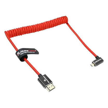 Alvin's Cables Right Angle Micro HDMI to HDMI Cable 8K@60Hz 4K@120Hz, Braided Coiled HDMI 2.1 for Sony A7RIII/A7II/A7M3, Canon R5/M6, Fujifilm X-T4/X-T3, GoPro, Nikon - Red Ultra Durable - color: Red, style: Right Angle micro HDMI