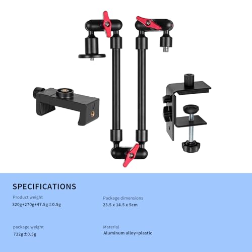 Magic Arm with Clamp, Long Articulating Arm Camera Mount, Adjustable Phone Mount Holder 360° Rotation, Mic Arm for Microphone, LED Lights, for Phone, Tripod, Desk, Table - size: 23"+clamp+phone clip