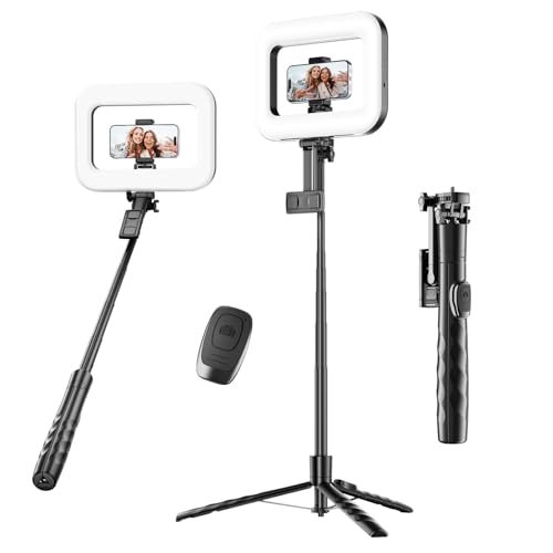 Tripod for iPhone with Rechargeable Light for Video Recording, Portable Phone Tripod for Camera and Phone, Selfie Stick with Light for Content Creators, Vlogging, Tiktok
