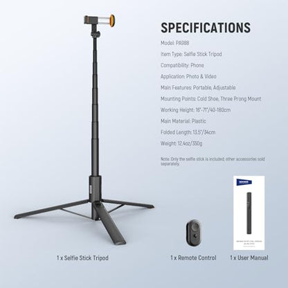 NEEWER Entry Level Version 16-71" Selfie Stick Tripod Compatible with iPhone Android, Portable Cell Phone Travel Stand Camera Holder with Remote for TikTok Video Recording Streaming Filming, PA988