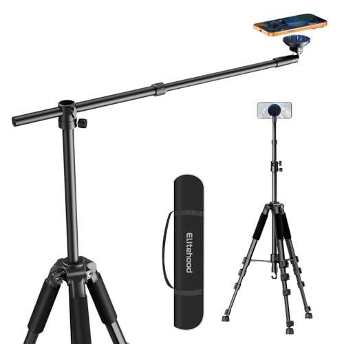 elitehood Magnetic Overhead Tripod for iPhone with 25in Long Extendable Arm, 59in Horizontal Tall Phone Tripod for Video Recording, 360° Swivel Tilt Overhead iPhone Stand Holder for Filming Recording - size: 59in Magnetic Design