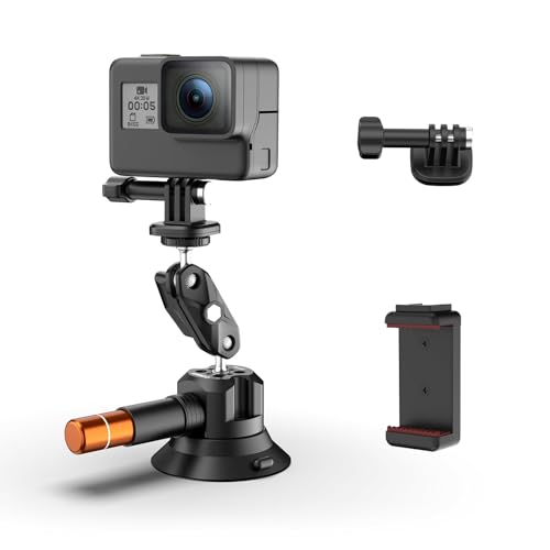COMAN 3'' Suction Cup Camera Mount with Ball Head Magic Arm, Metal Camera Suction Mount for Action Cameras iPhone, Quick Release Car Mount with 1/4" & 3/8" Mounting Holes for Car Windshield Window - size: 3'' Suction Mount