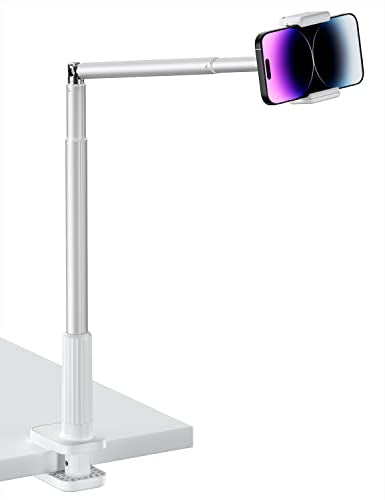 Viozon Phone Holder, Flexible Long Arm,Overhead Mount,360° Angle Adjustable,Aluminum Alloy, C Clamp for Headboard Bedside&Table&Desk,Compatible with 3.5"-6.9" Phone,iPhone 16 15 Plus/Pro Max W - color: White