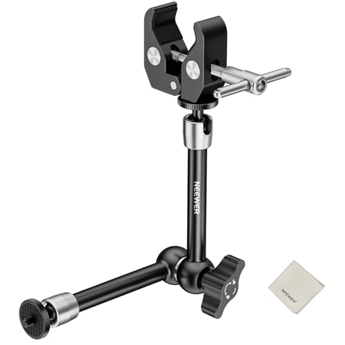 NEEWER 9.8"/25cm Magic Arm with Super Clamp & Cleaning Cloth, 1/4" & 3/8" Threads for Flash/LED Light/Microphone/DSLR Camera Monitor Compatible with SmallRig Camera Cage, Max Load: 4.4lb/2kg, ST25C - style: 9.8"/25cm w/Cleaning Cloth