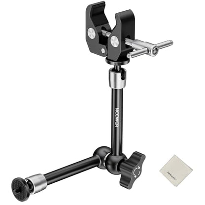 NEEWER 9.8"/25cm Magic Arm with Super Clamp & Cleaning Cloth, 1/4" & 3/8" Threads for Flash/LED Light/Microphone/DSLR Camera Monitor Compatible with SmallRig Camera Cage, Max Load: 4.4lb/2kg, ST25C - style: 9.8"/25cm w/Cleaning Cloth