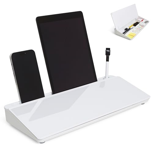 GAROOD Desktop Whiteboard with Storage Desk White Board Desk Board Glass White Board with Stand Home Office Organizer Phone Holder 15.8X7X2 inches - color: White