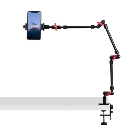 Magic Arm with Clamp, Long Articulating Arm Camera Mount, Adjustable Phone Mount Holder 360° Rotation, Mic Arm for Microphone, LED Lights, for Phone, Tripod, Desk, Table - size: 32"+clamp+phone clip