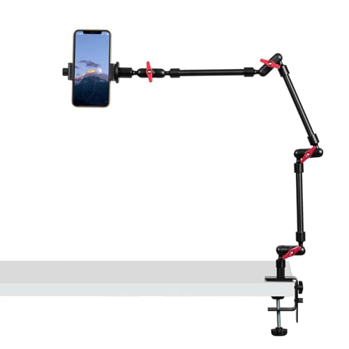 Magic Arm with Clamp, Long Articulating Arm Camera Mount, Adjustable Phone Mount Holder 360° Rotation, Mic Arm for Microphone, LED Lights, for Phone, Tripod, Desk, Table - size: 32"+clamp+phone clip