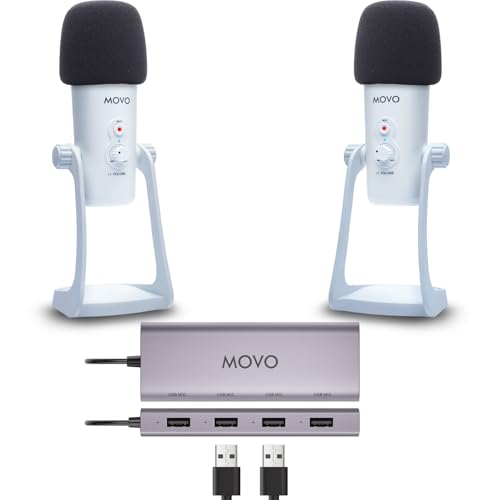 Movo USB Podcast Equipment Bundle for 2 – USB Interface with 2 UM700 Condenser Microphones – 4-Port Powered Hub for Streaming, Podcasting, Interviews (White) - style: with 2 Mics (White)