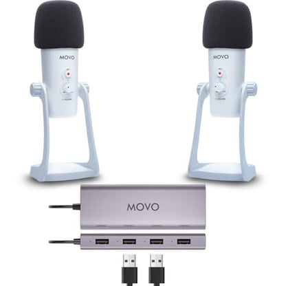 Movo USB Podcast Equipment Bundle for 2 – USB Interface with 2 UM700 Condenser Microphones – 4-Port Powered Hub for Streaming, Podcasting, Interviews (White) - style: with 2 Mics (White)