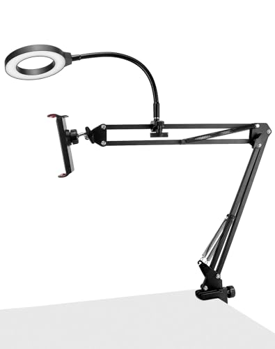 QWORK Overhead Camera Mount, Phone Mount with Ring Light, Flexible Articulating Phone Arm Stand, Phone Holder Stand, Phones Mount Clamp on Desk, for Live Stream, Video Recording and Online Teaching